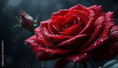 A close-up of a red pink rose with dew drops on its petals, showcasing its beauty and delicate nature photo