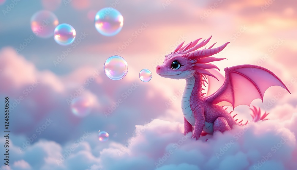 Obraz premium Adorable Pink Dragon on Clouds with Bubbles Fantasy Art