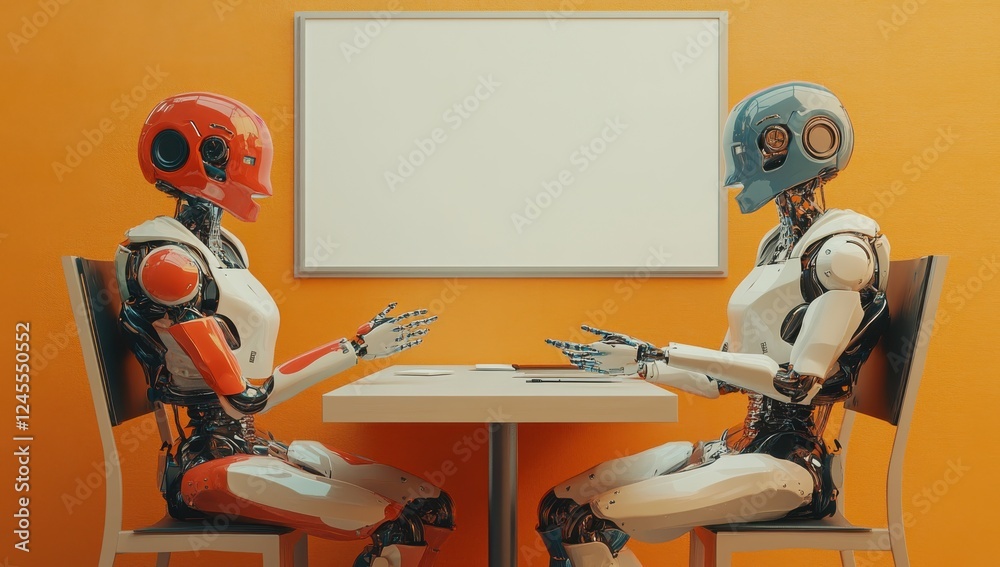 Naklejka premium Two Stylish Robots Engaged in Conversation at a Minimalist Table Against a Bright Orange Wall with Empty White Board as Background