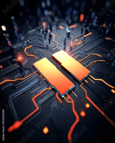 A close-up view of a circuit board featuring orange elements and two prominent memory chips, highlighting modern technology and design.