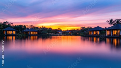 Serene Sunset Reflection Over Water with Tropical Villas and Trees