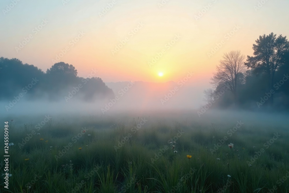 Misty morning with a soft blue fog rolling in, nature, peaceful, serene Misty morning with a soft blue fog rolling in, nature, peaceful, serene