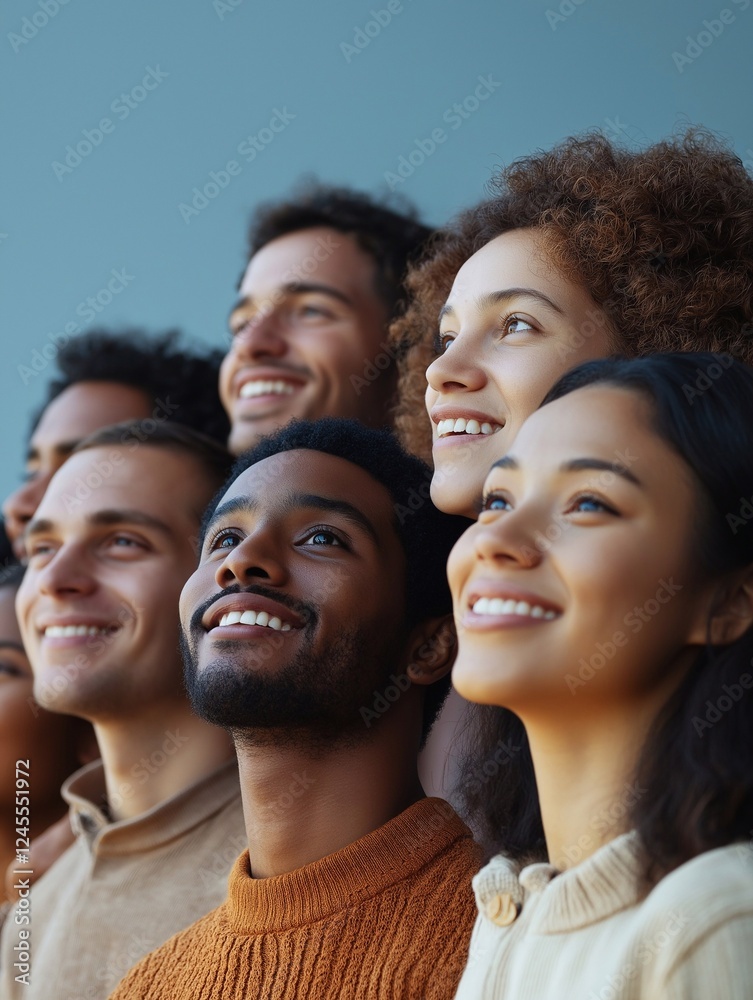 Obraz premium A group of people smiling and looking up at the sky, with a light blue background. Showcasing diverse young individuals standing together for community support.