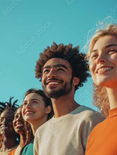 A group of people smiling and looking up at the sky, with a light blue background. Showcasing diverse young individuals standing together for community support.