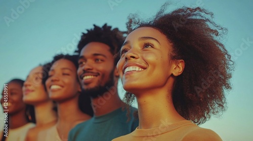 A group of people smiling and looking up at the sky, with a light blue background. Showcasing diverse young individuals standing together for community support.