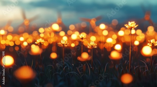 Brightly Glowing Flowers in a Dreamy Twilight Landscape