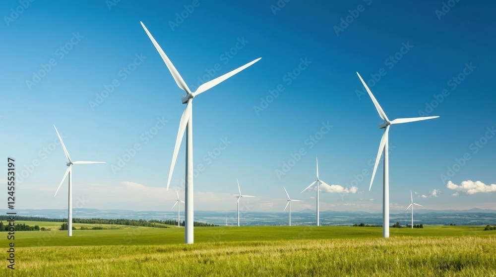 Wind Turbines in Green Field Under Clear Blue Sky Landscape Wind Turbines in Green Field Under Clear Blue Sky Landscape