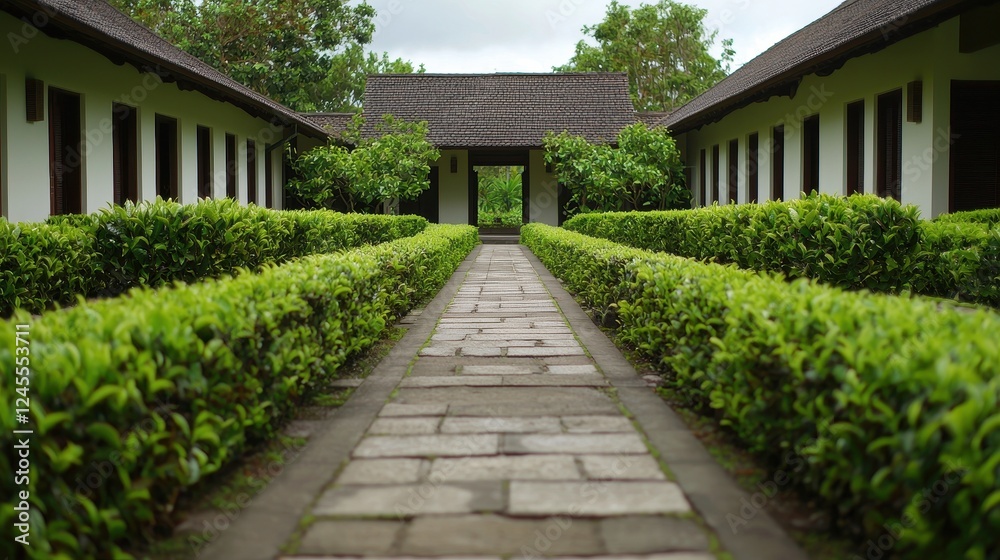 Fototapeta premium Tranquil Pathway Surrounded by Lush Greenery in Serene Landscape