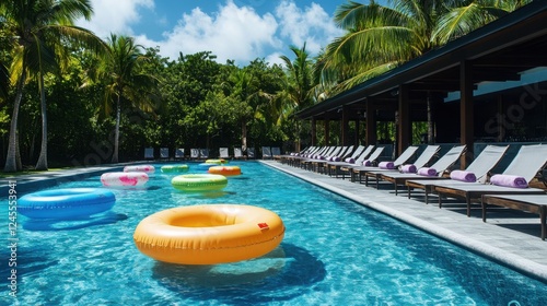 Poolside bar with drinks, floaties, and sun loungers ready for spring break