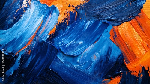 A vibrant abstract background featuring bold oil paint strokes in rich blues and warm oranges, blending seamlessly to create a dynamic interplay of color and texture that evokes energy and movement.