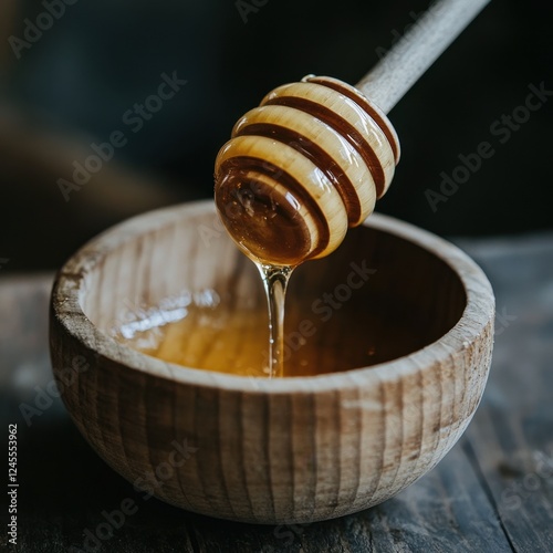 Honey Drizzling from Wooden Dipper into Bowl photo