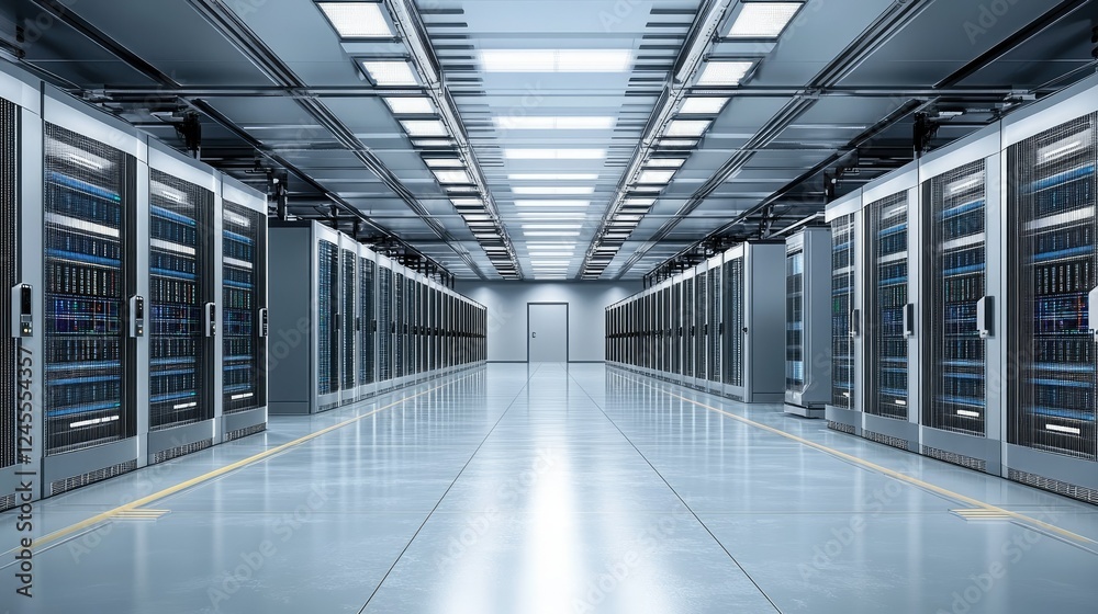 A spacious data center featuring long rows of large, A spacious data center featuring long rows of large,