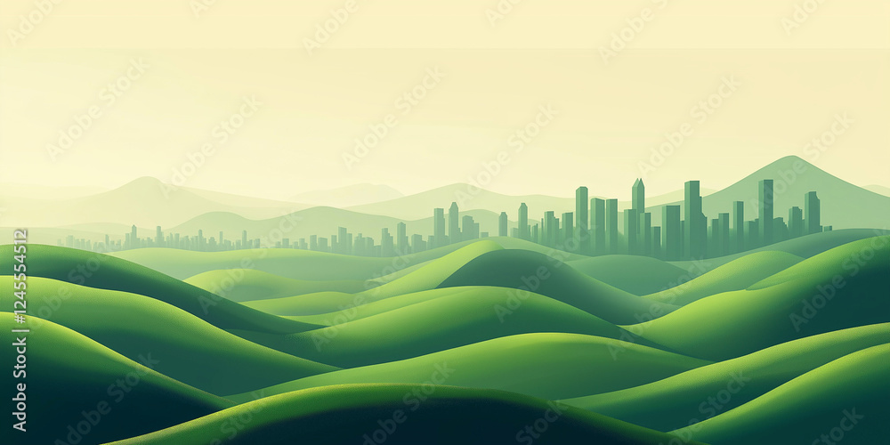 Obraz premium Green Hills Landscape with City Skyline in the Distance