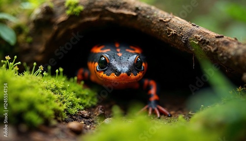 Close-up of a fire salamander peeking out from a mossy burrow in a natural forest habitat.
