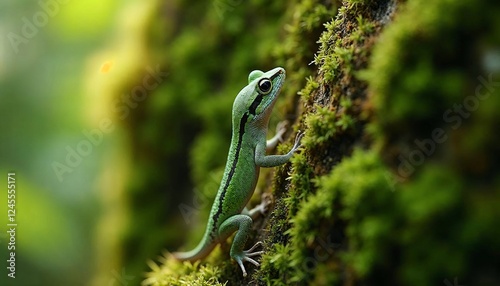 Green tree frog clinging to moss-covered bark in a humid rainforest.

