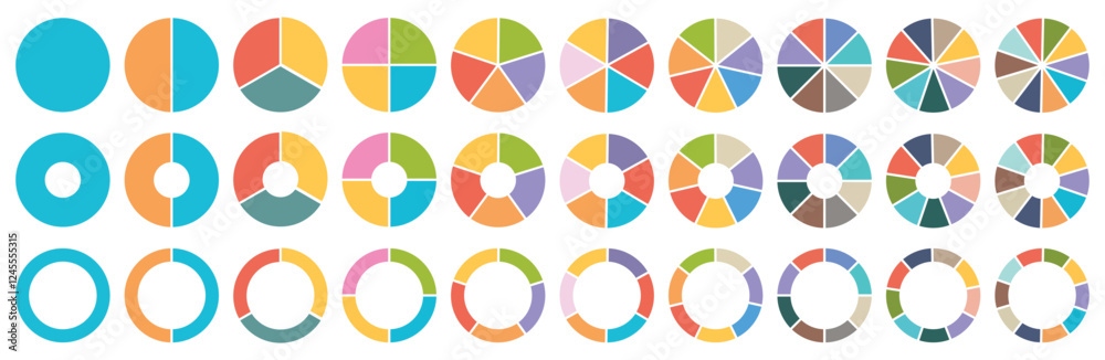Pie charts diagrams. Donut and pie chart infographic elements set. Colorful diagram collection with. Circle icons for infographic. Vector eps 10