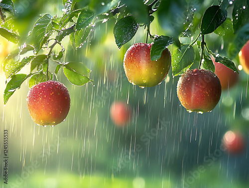 Fruit garden in the rainy season, raindrops falling down