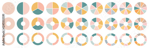 Circle pie chart diagram. Set of pie charts diagrams. Pie chart divided 2, 3, 4, 5, 6,7, 8, 9, 10, 11, 12. equal parts. Circle section graph. Different color circles. Colorful diagram graphs