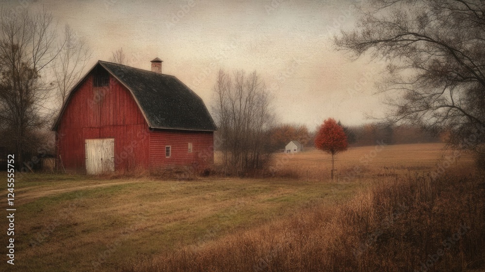 A picturesque rural scene featuring a vibrant red barn with a gray metal roof, A picturesque rural scene featuring a vibrant red barn with a gray metal roof,