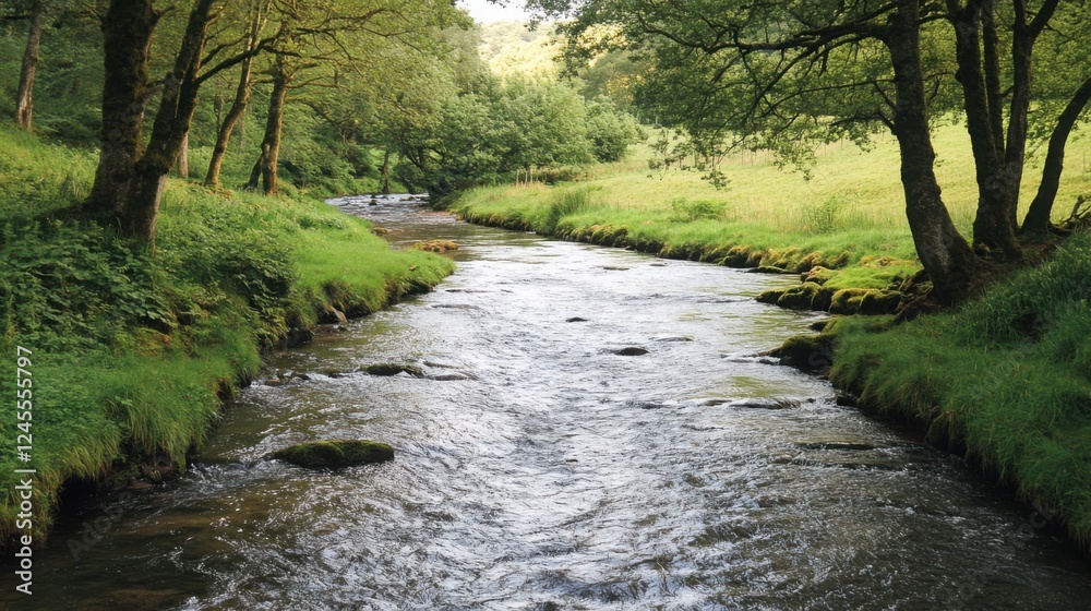 Serene River Flowing Through Green Meadow Landscape Serene River Flowing Through Green Meadow Landscape