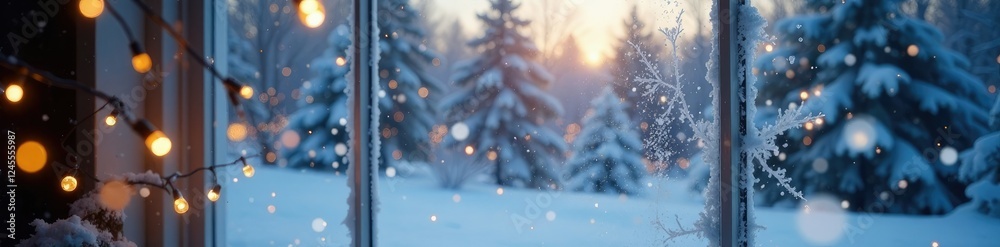 Naklejka premium Dainty white lights dance across frosty windowpane amidst snowy trees, winter scenery, snowy