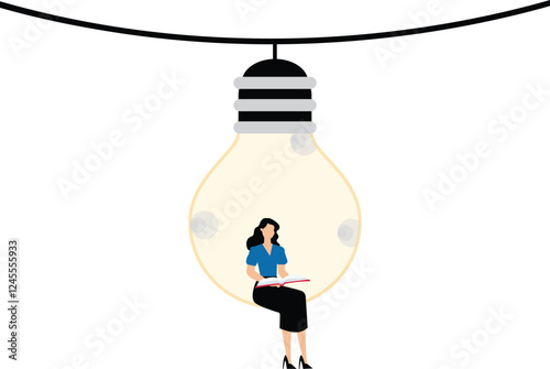 Businesswoman sitting in light bulb and reading the book. Smart girl looking for new ideas. Education or creative idea concept. Insightful reading, bookworm