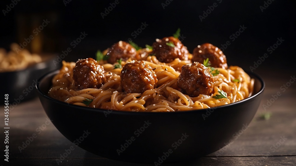 A bowl of spaghetti topped with meatballs and herbs. A bowl of spaghetti topped with meatballs and herbs.
