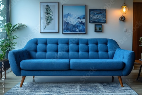 Blue velvet sofa with wooden legs, elegant coffee table, and cozy decor creating a modern living room atmosphere with vibrant colors. photo