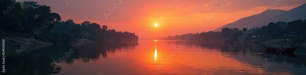 Fototapeta premium A tranquil scene of the Ganges river with the sun's last rays, landscape, ganges river
