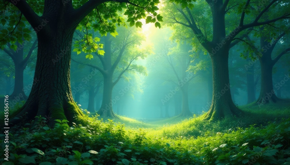 Obraz premium A tranquil forest glade bathed in dappled light, blue, green, peaceful