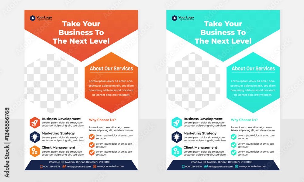 Modern a4 corporate business flyer template design with orange and blue polygonal shape Modern a4 corporate business flyer template design with orange and blue polygonal shape