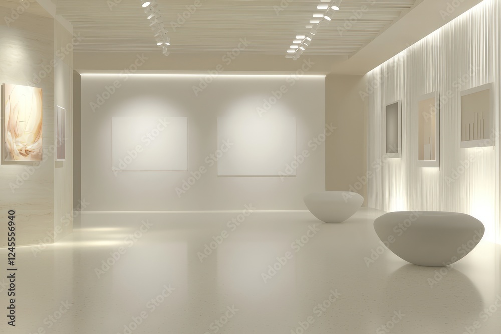 Clean and elegant gallery room with blank display areas, soft lighting, and sleek decor, ideal for showcasing modern artwork and advertisements.