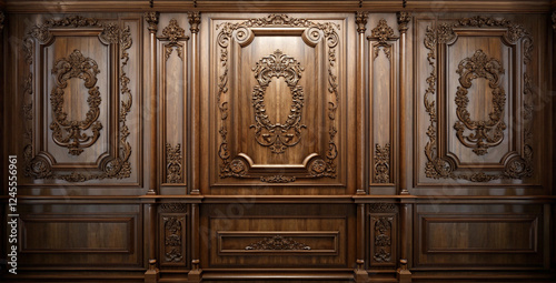 A highly detailed, luxurious wooden wall panel with intricate baroque-style carvings