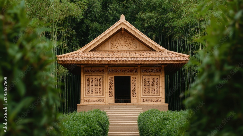 Serene Wooden Pavilion Surrounded by Lush Green Bamboo Grove Serene Wooden Pavilion Surrounded by Lush Green Bamboo Grove