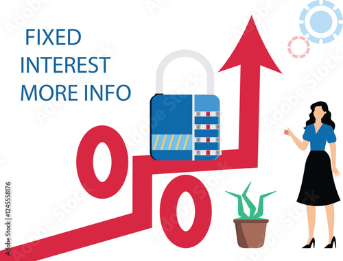 Politician or banker hand put giant padlock on arrow and fixed interest rate, mortgage. Fixed cost or constant price for customers. Percentage sign with padlock