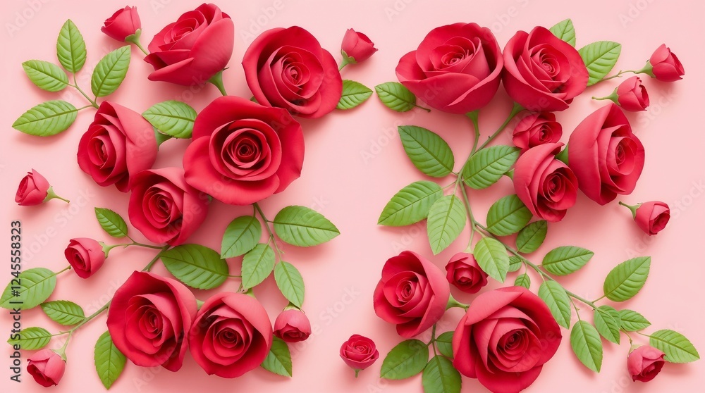 Naklejka premium Modern flat design of heart-shaped floral arrangement with red roses and green leaves in pastel colors