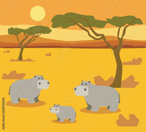 Family hippopotamus cute hippo african animal cartoon character  flat vector illustration isolated on savannah sundown background