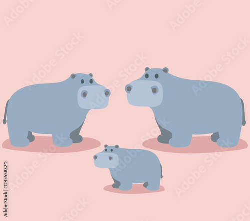 Family hippopotamus cute hippo african animal cartoon character  flat vector illustration isolated on background