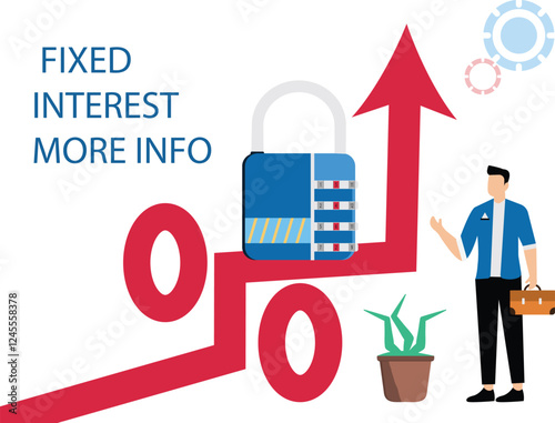 Politician or banker hand put giant padlock on arrow and fixed interest rate, mortgage. Fixed cost or constant price for customers. Percentage sign with padlock