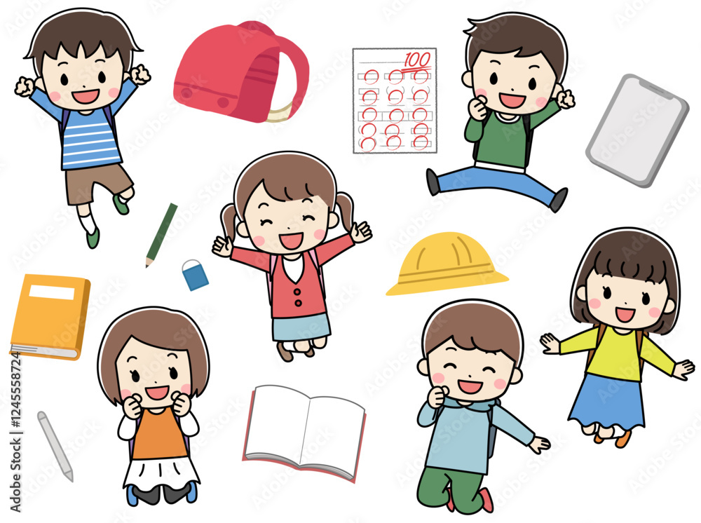 勉強する子供たちのイラスト素材セット