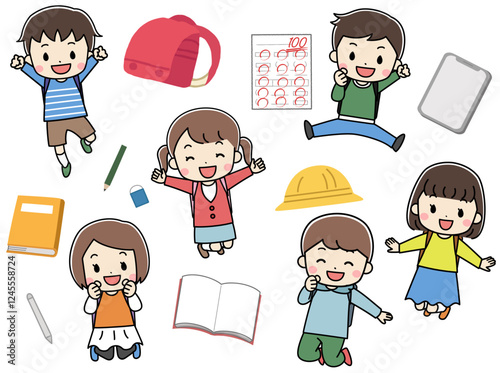 勉強する子供たちのイラスト素材セット