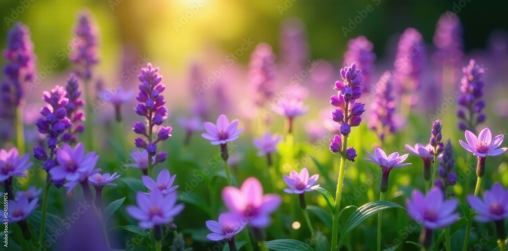 Fototapeta premium Tiny purple flowers create a colorful tapestry in the garden, garden, herb