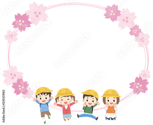 ランドセルを背負った子供たちと桜と春のフレームイラスト