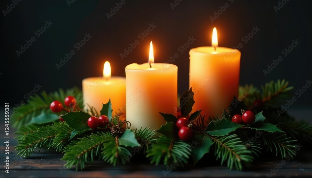 Three burning candles on fir branches with holly and mistletoe added to the festive arrangement, evergreen, candlelight, Christmas decor