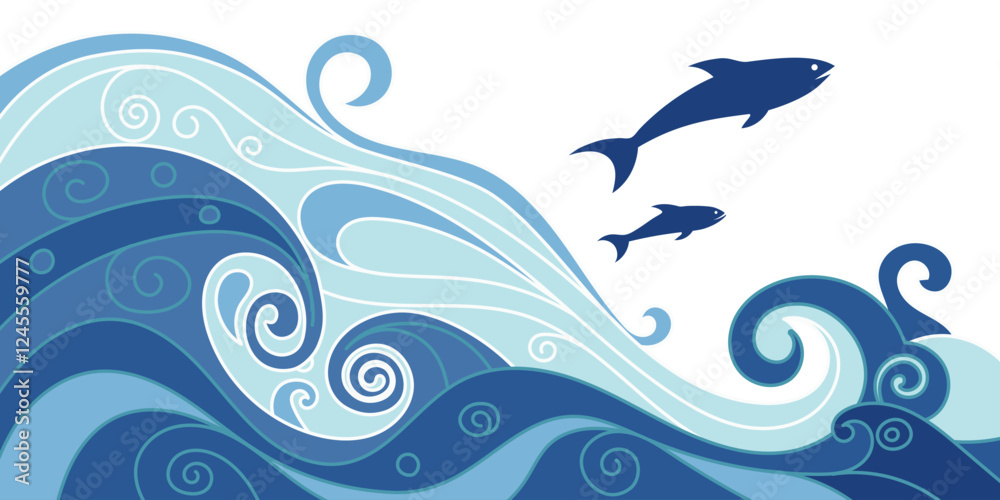 Fototapeta premium Vector art on marine theme, sea waves and fish, stylized seascape, flat cartoon
