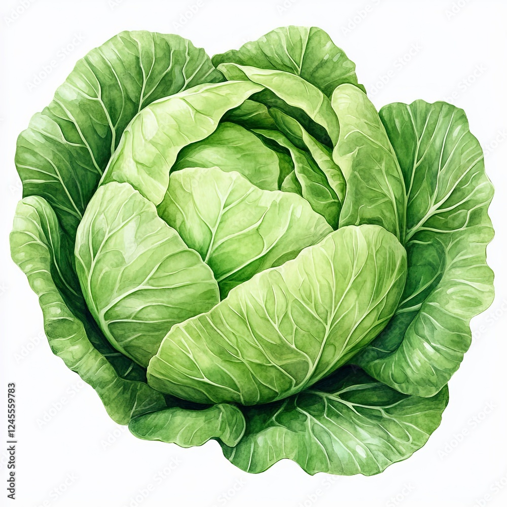 Fototapeta premium Fresh green cabbage showcasing vibrant leaves in a detailed botanical illustration