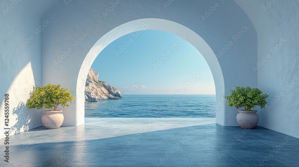 Minimalist Coastal Villa Archway to Serene Sea View in Santorini Style 3D Rendering Minimalist Coastal Villa Archway to Serene Sea View in Santorini Style 3D Rendering