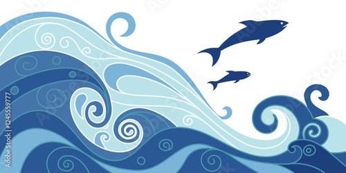 Vector art on marine theme, sea waves and fish, stylized seascape, flat cartoon