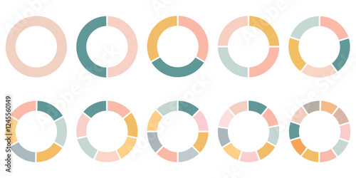 Pie charts diagrams. Different color circles isolated. Infographic element round shape. Vector illustration.