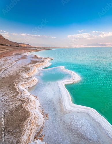 White Salt Layer on the Dead Sea with Bright, Clear Patterns photo